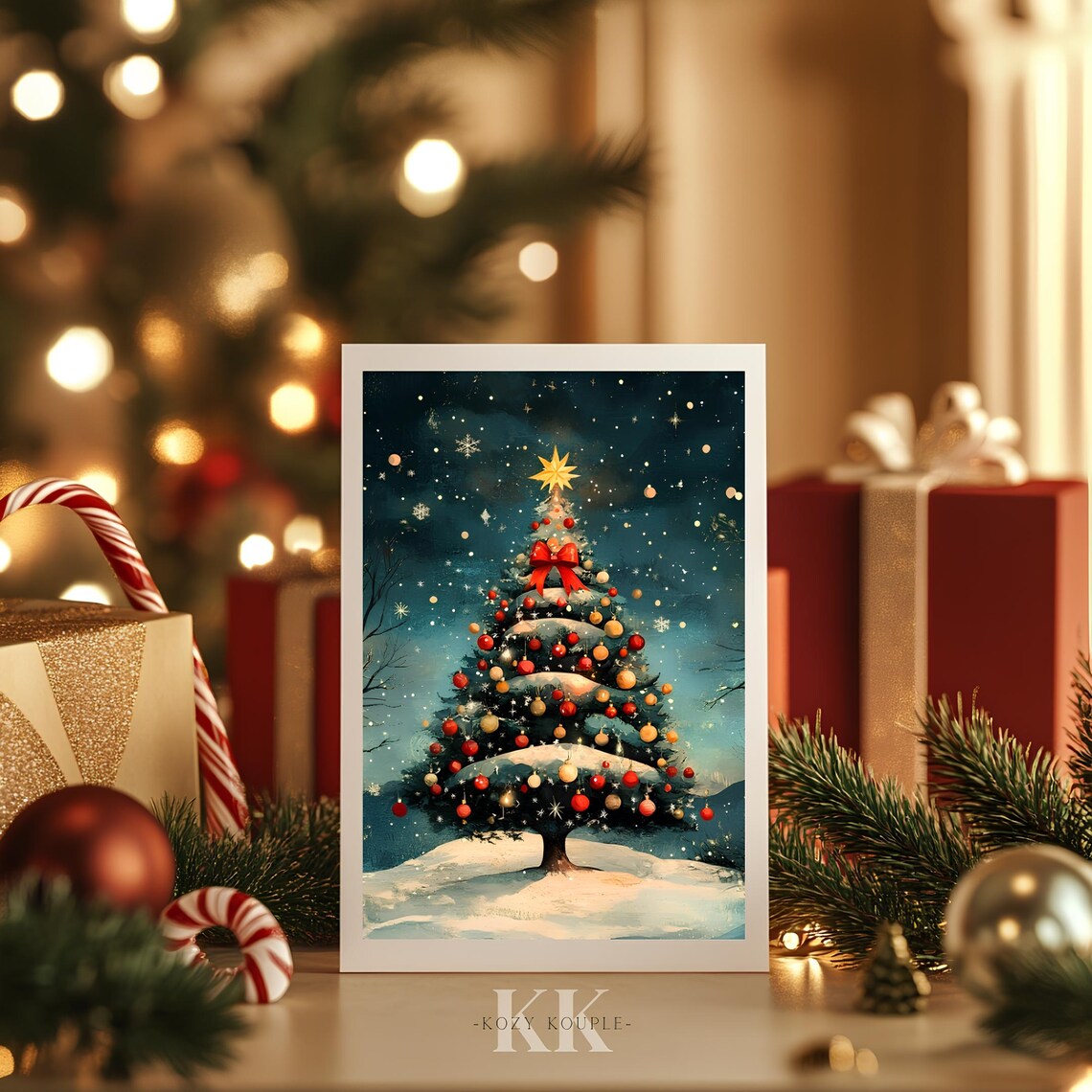 Snowy Christmas Tree With Red Ornaments Starry Night Wall Art - Image 4