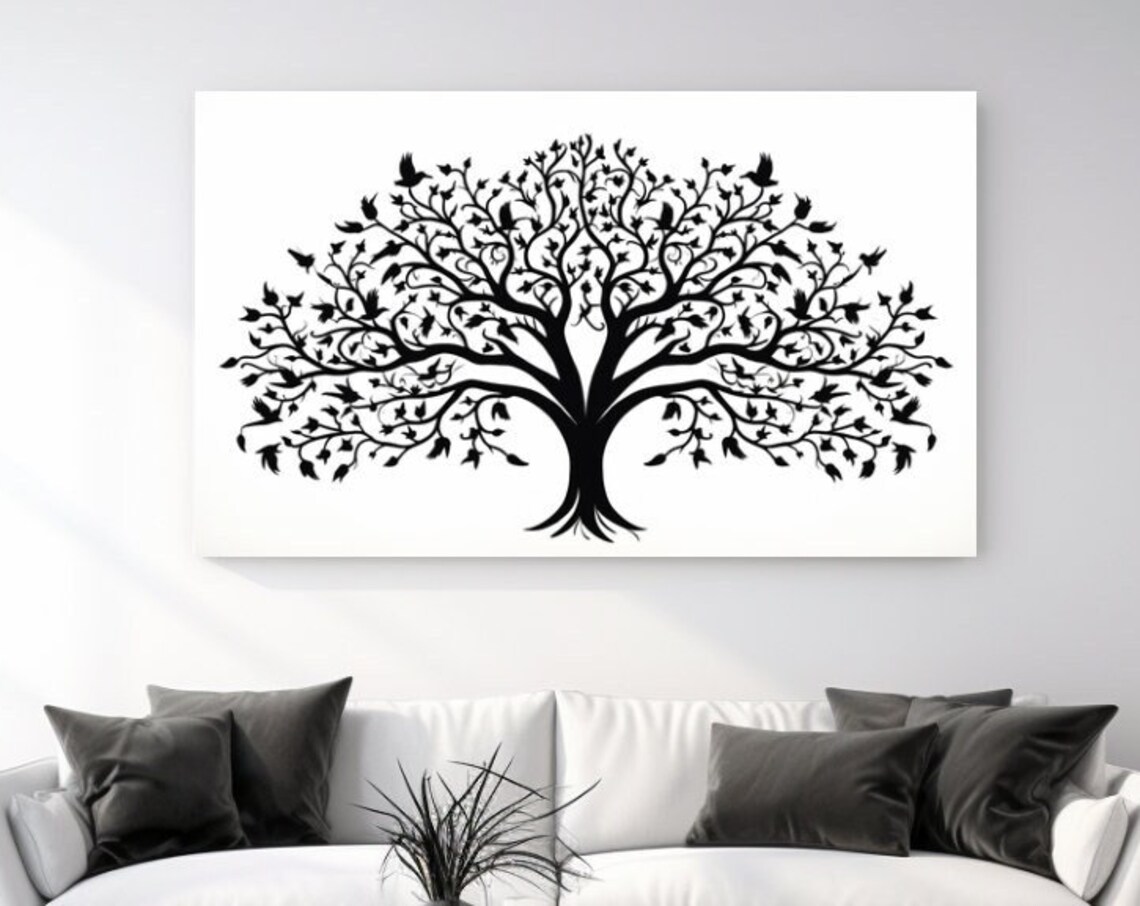 Tree Of Life With Birds Black Silhouette Nature Wall Art Poster