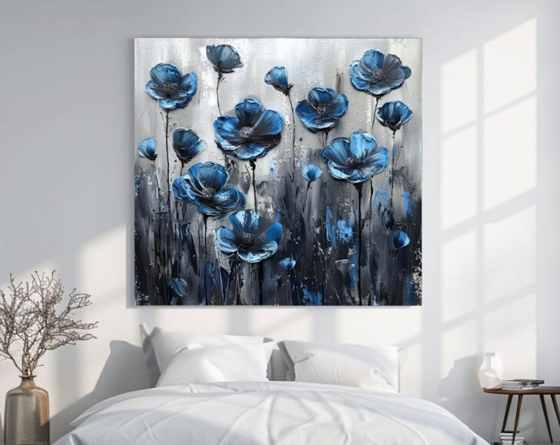 Blue Poppies Textured Oil Painting Moody Floral Wall Art Print
