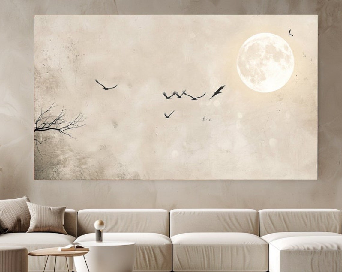 Full Moon Birds And Bare Branch Vintage Beige Abstract Art Poster