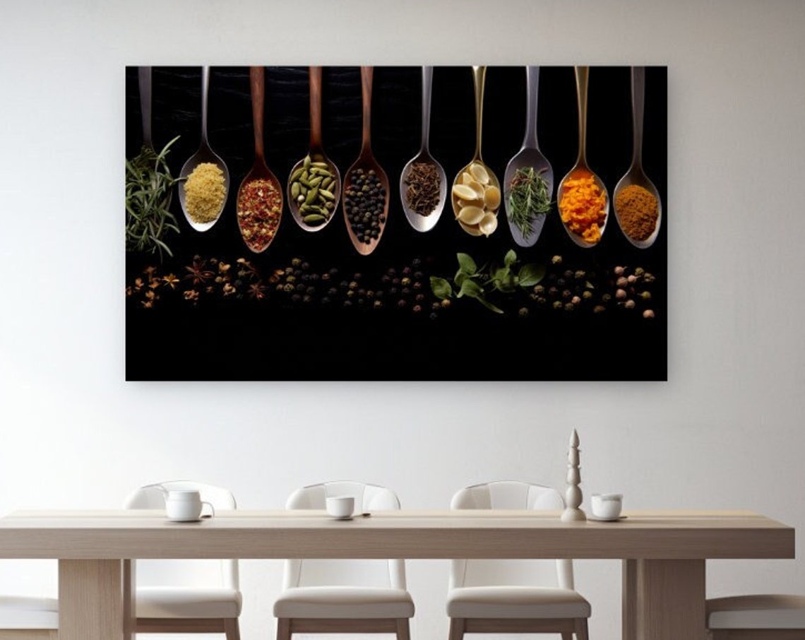 Assorted Colorful Spices And Herbs On Spoons Black Kitchen Wall Art