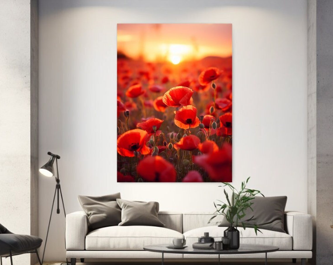 Red Poppy Field at Sunset Golden Light Floral Photography Wall Poster