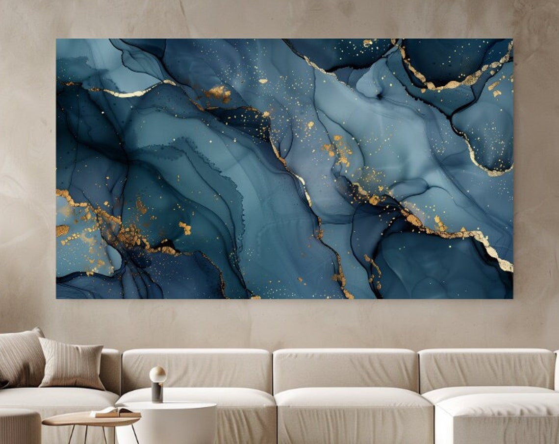 Dark Teal Blue Alcohol Ink Gold Marble Abstract Ocean Art Wall Poster