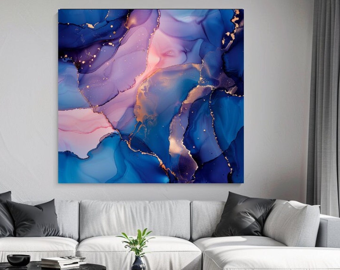 Blue Purple Pink Alcohol Ink Abstract Gold Lines Square Art Poster