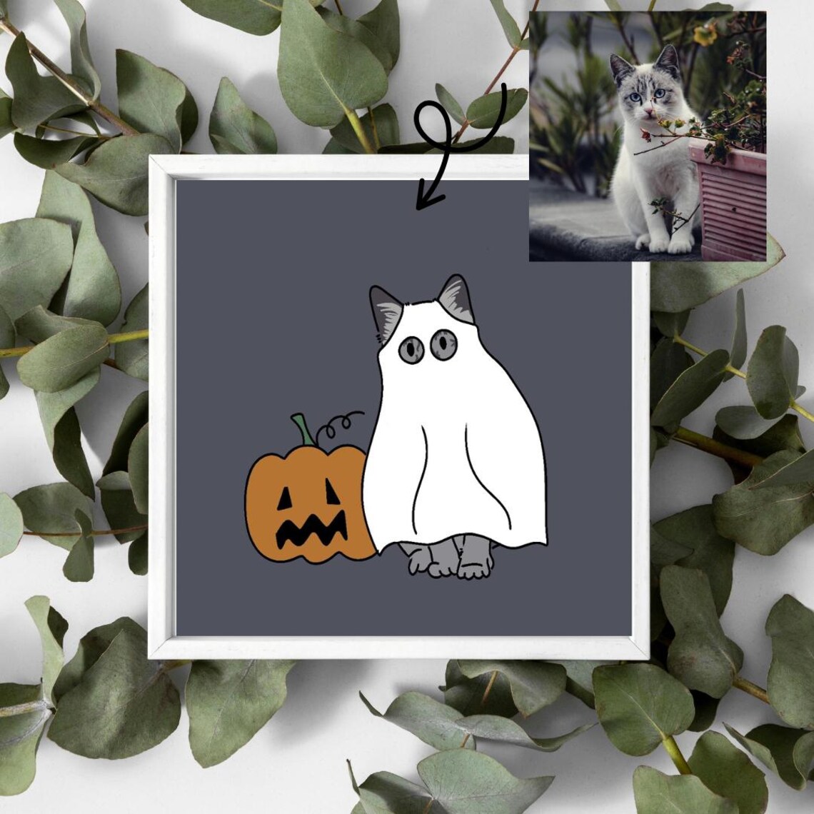 Cat in Pumpkin Costume Cute Fall Halloween Cat Cartoon Animal Poster - Image 2