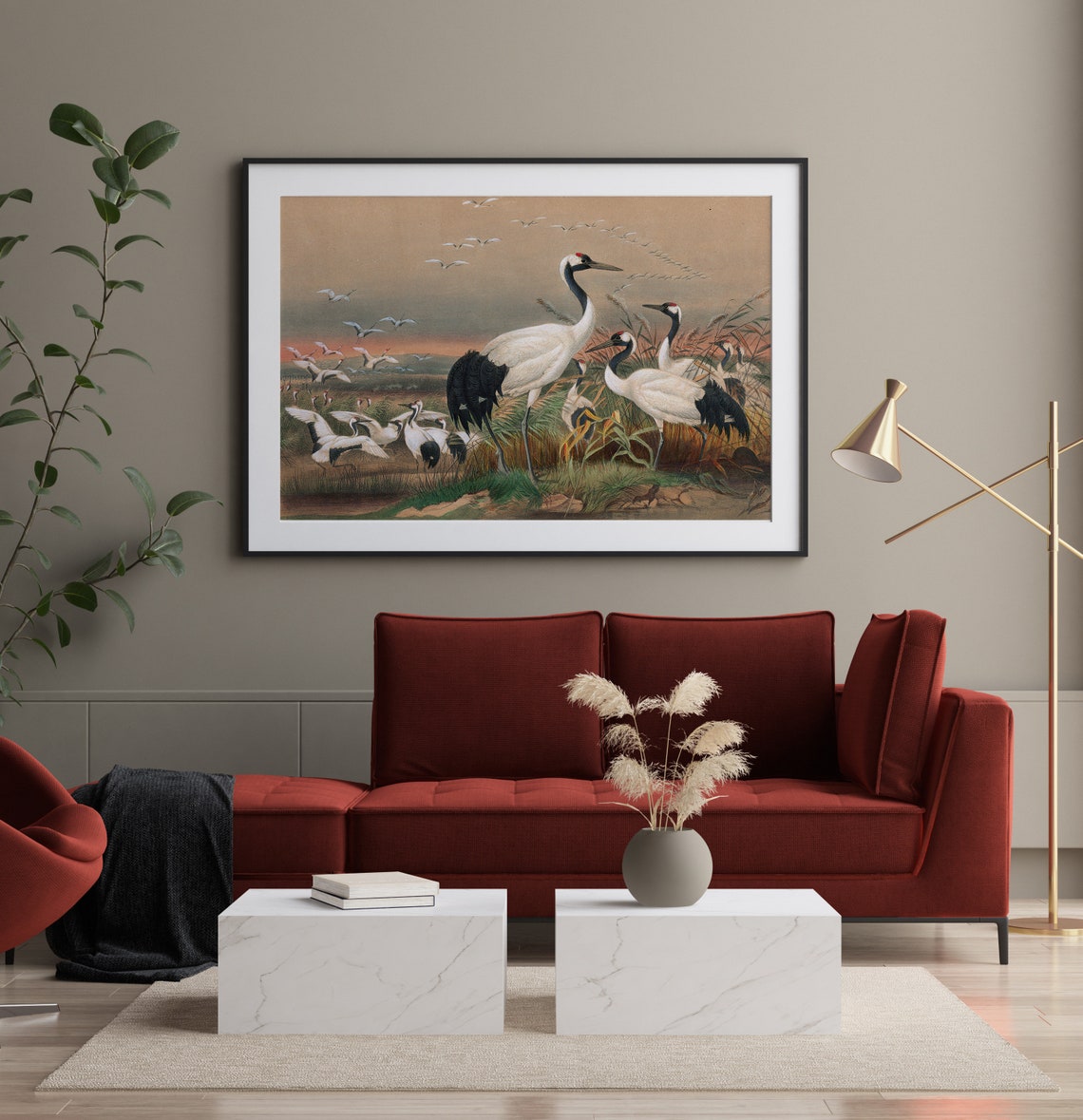 Red Crowned Japanese Cranes At Sunset Vintage Bird Art Print - Image 2