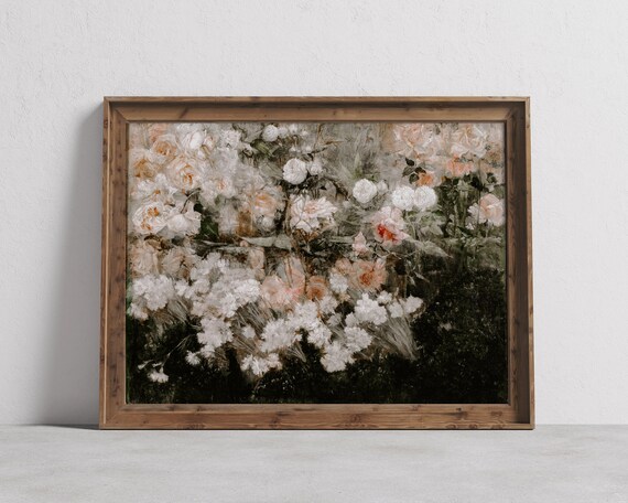 Vintage White Flowers Painting, Peach Floral Art Print
