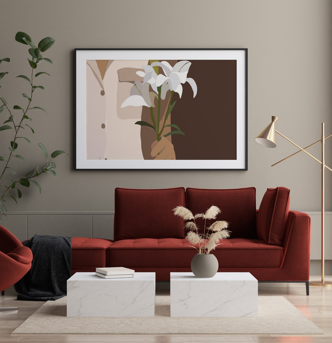 Modern Hand Holding White Lilies Neutral Botanical Decor Poster - Image 2