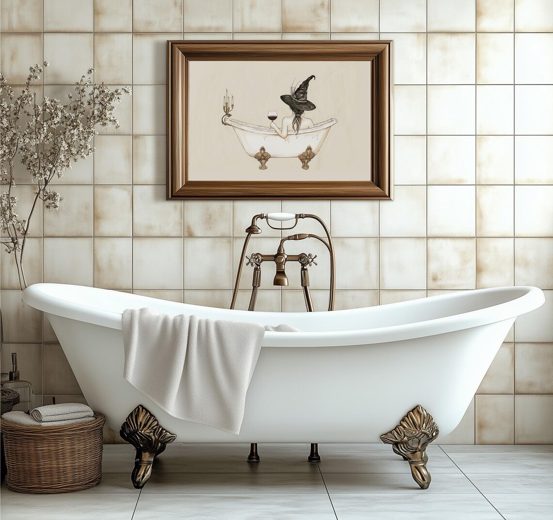 Funny Witch Drinking Wine in Bathtub Halloween Art Print - Image 2