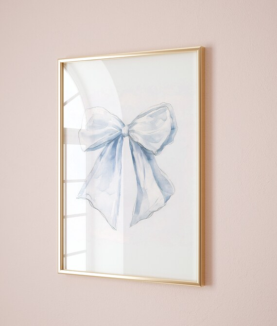 Blue Watercolor Bow Coquette Aesthetic Nursery Decor Wall Poster