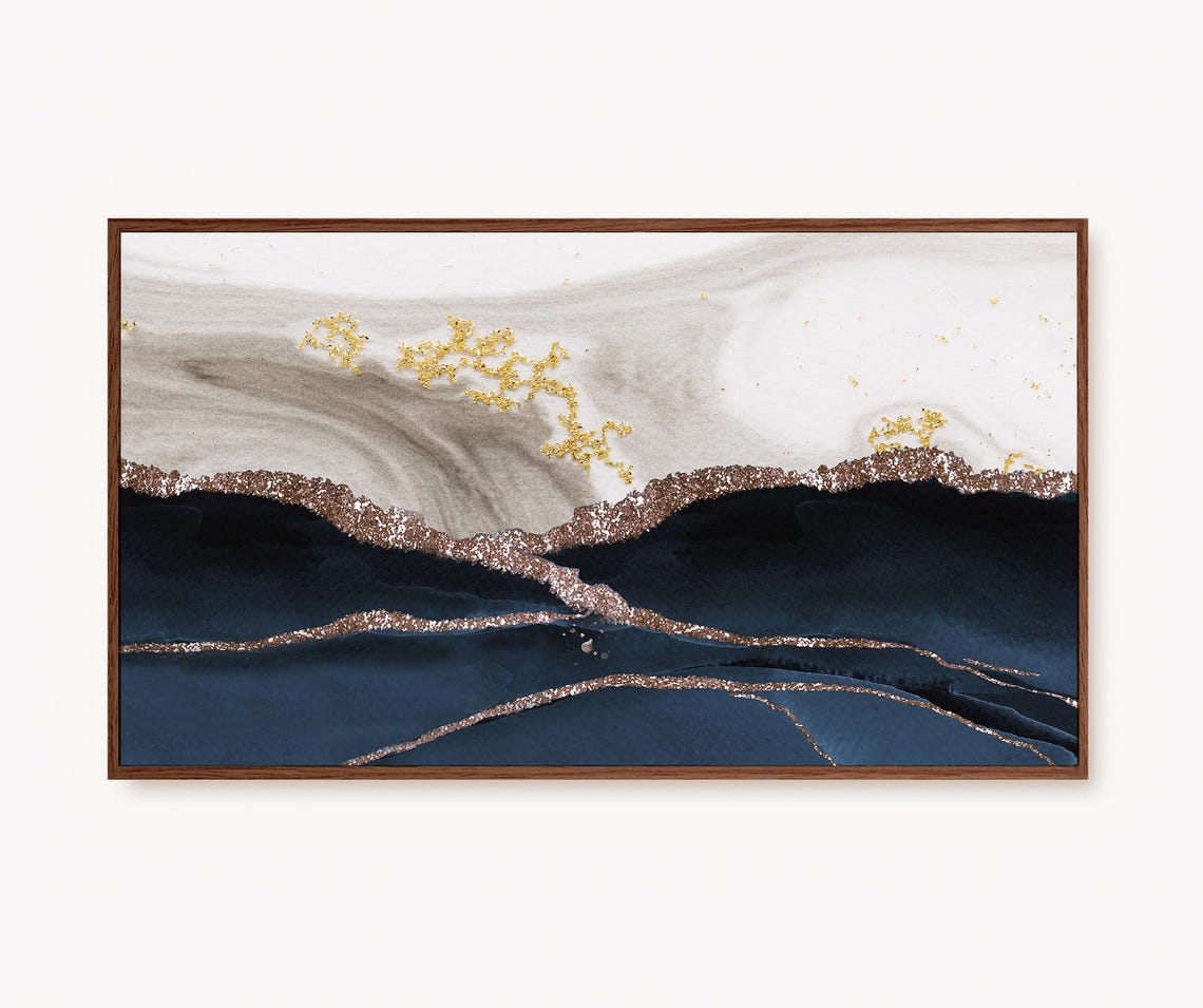 Navy Gold Marble Abstract Landscape Modern Luxury Art Poster