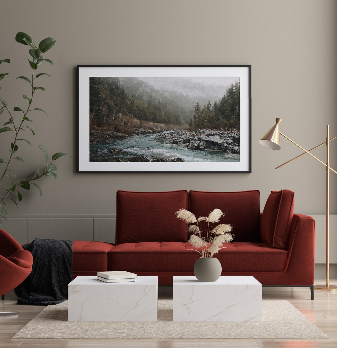 Misty Mountain River Evergreen Forest Landscape Frame TV Print - Image 2