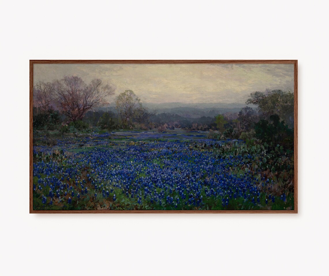 Dark Spring Landscape Vintage Poster, Blue Flowers