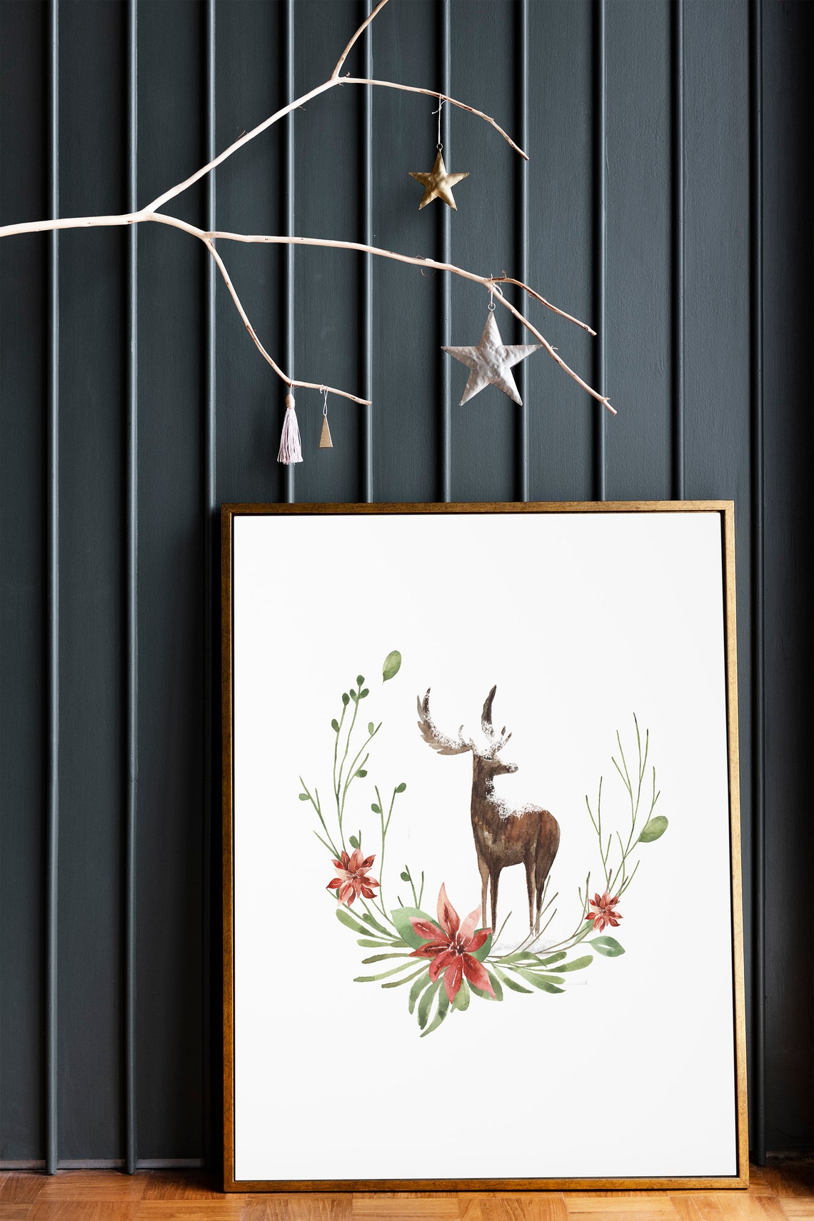 Watercolor Deer Christmas Wreath Red Flowers Holiday Art Poster - Image 2