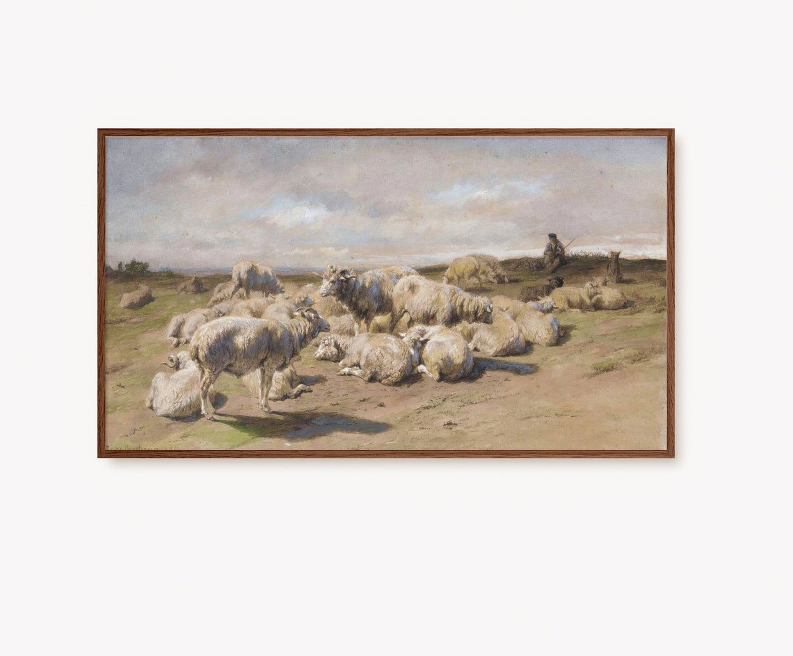 Sheep Flock Resting Pasture Shepherd Antique Oil Painting Poster