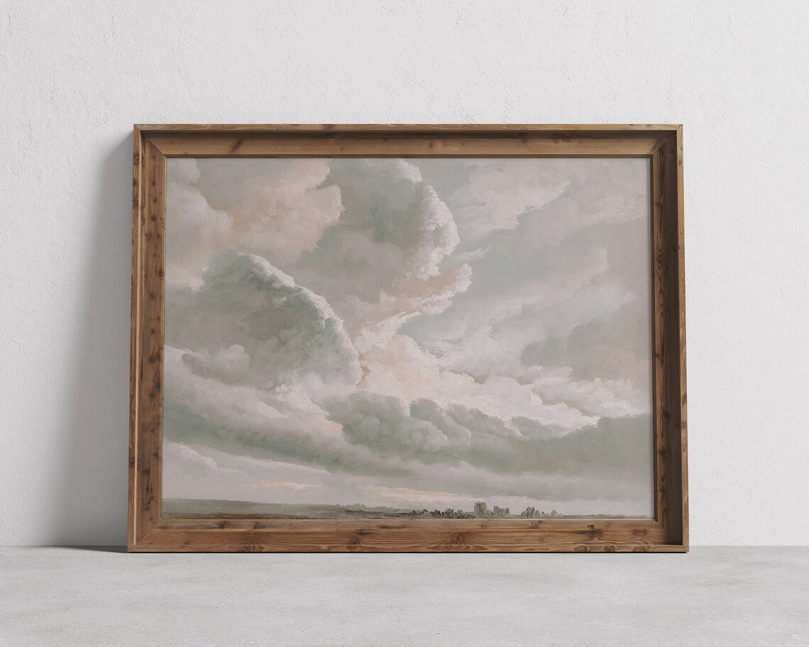 Billowing Clouds Vintage Sky Oil Painting Serene Landscape Poster