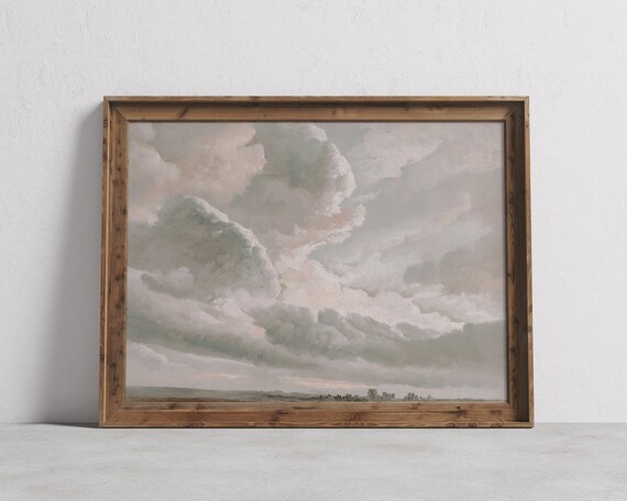 Billowing Clouds Vintage Sky Oil Painting Serene Landscape Poster
