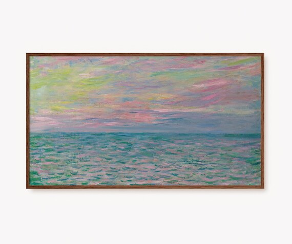 Frame Tv Art Monet Pastel Oil Painting Pink Yellow Spring Wall Prints Vintage Oceancolourful Coastal Seascape Art Decor