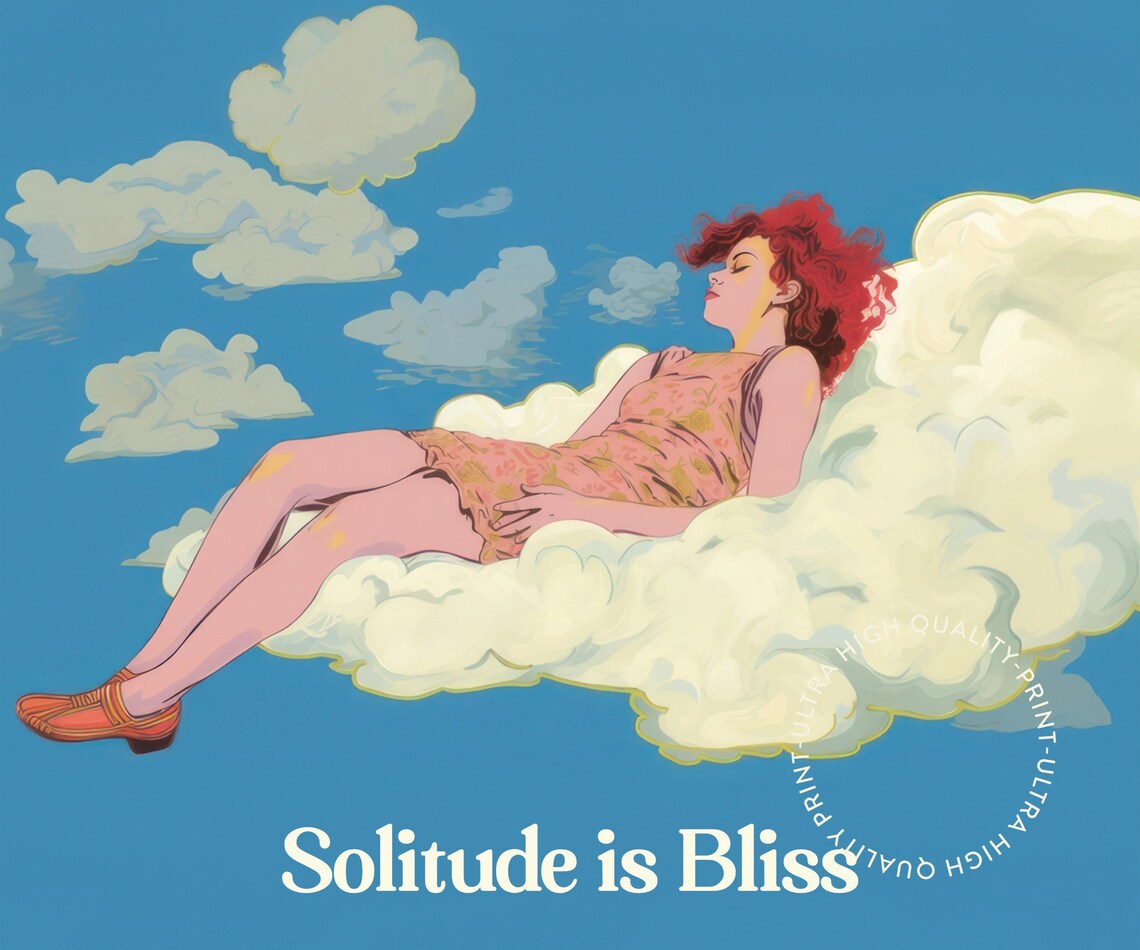 Solitude Is Bliss Retro Cloud Woman Illustration Blue Sky Quote Wall Art Poster - Image 5