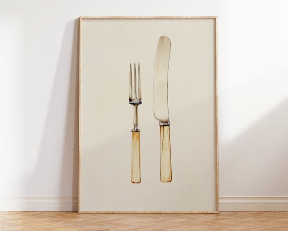 Vintage Fork Knife Silverware Illustration Cream Retro Kitchen Art Poster