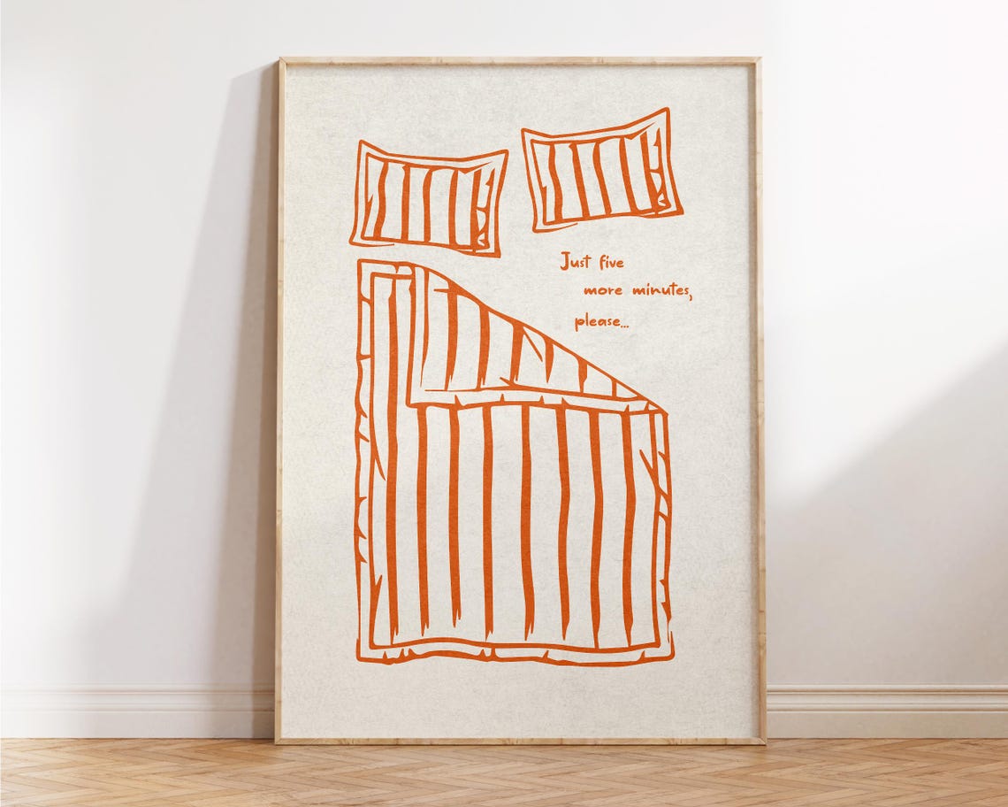 Just Five More Minutes Cozy Bed Orange Line Art Funny Bedroom Poster - Image 4
