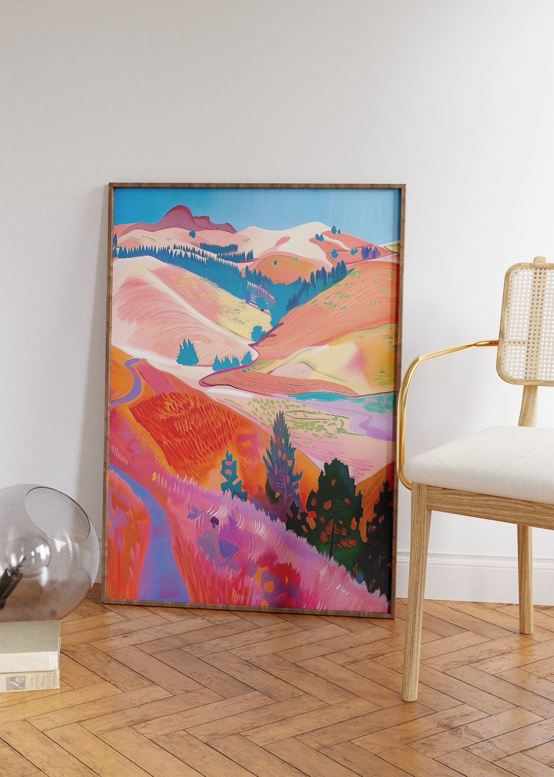 Pink Hills Modern Landscape Painting Colorful Hockney Style Wall Art