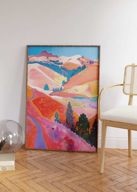 Hockney Inspired Prints Pink Hill Landscape Wall Art Pastel Hockney Painting Gift Gallery Modern Art For Living Room Pink Home Decor