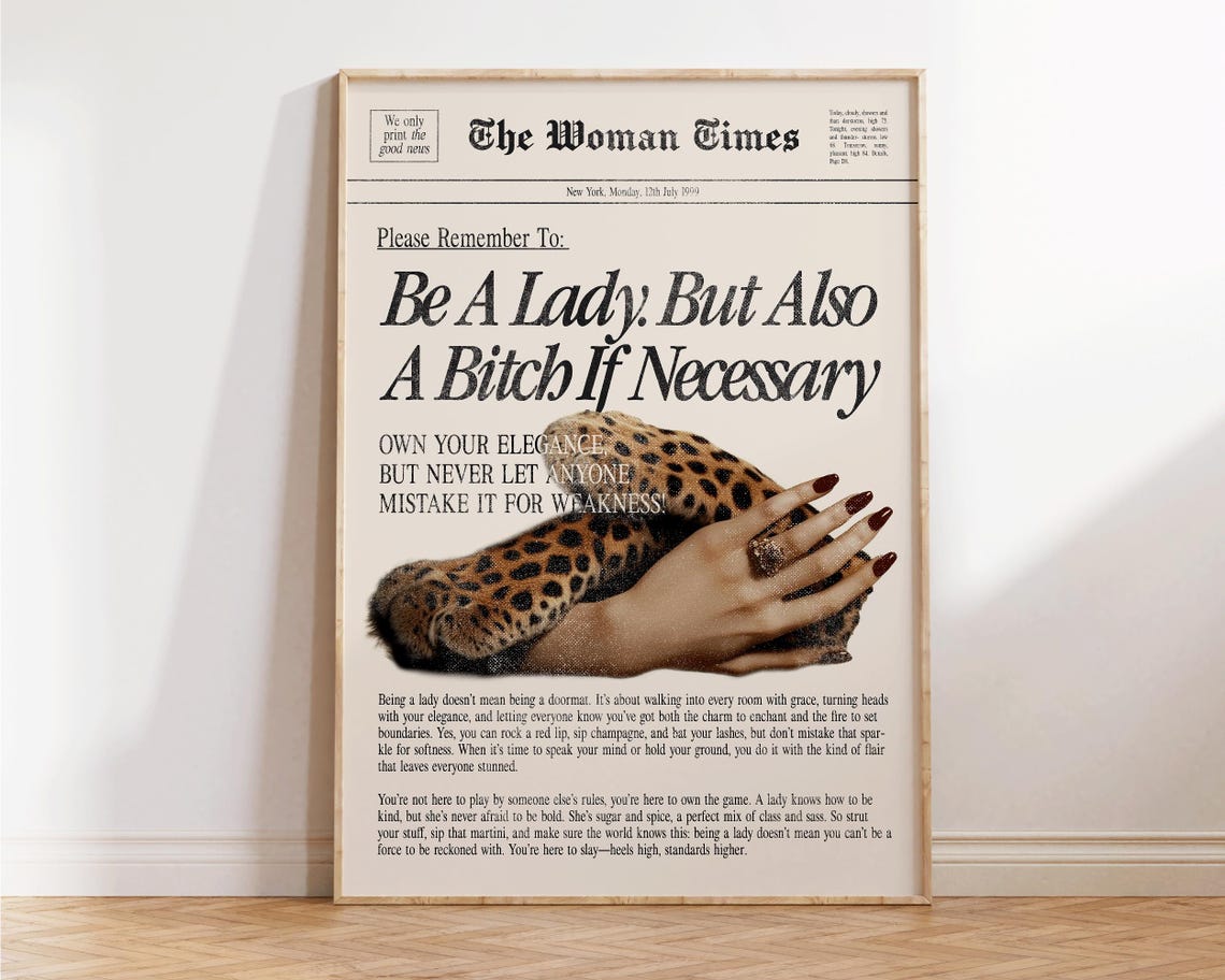 Be A Lady But Also A Bitch Leopard Retro Feminist Quote Wall Print