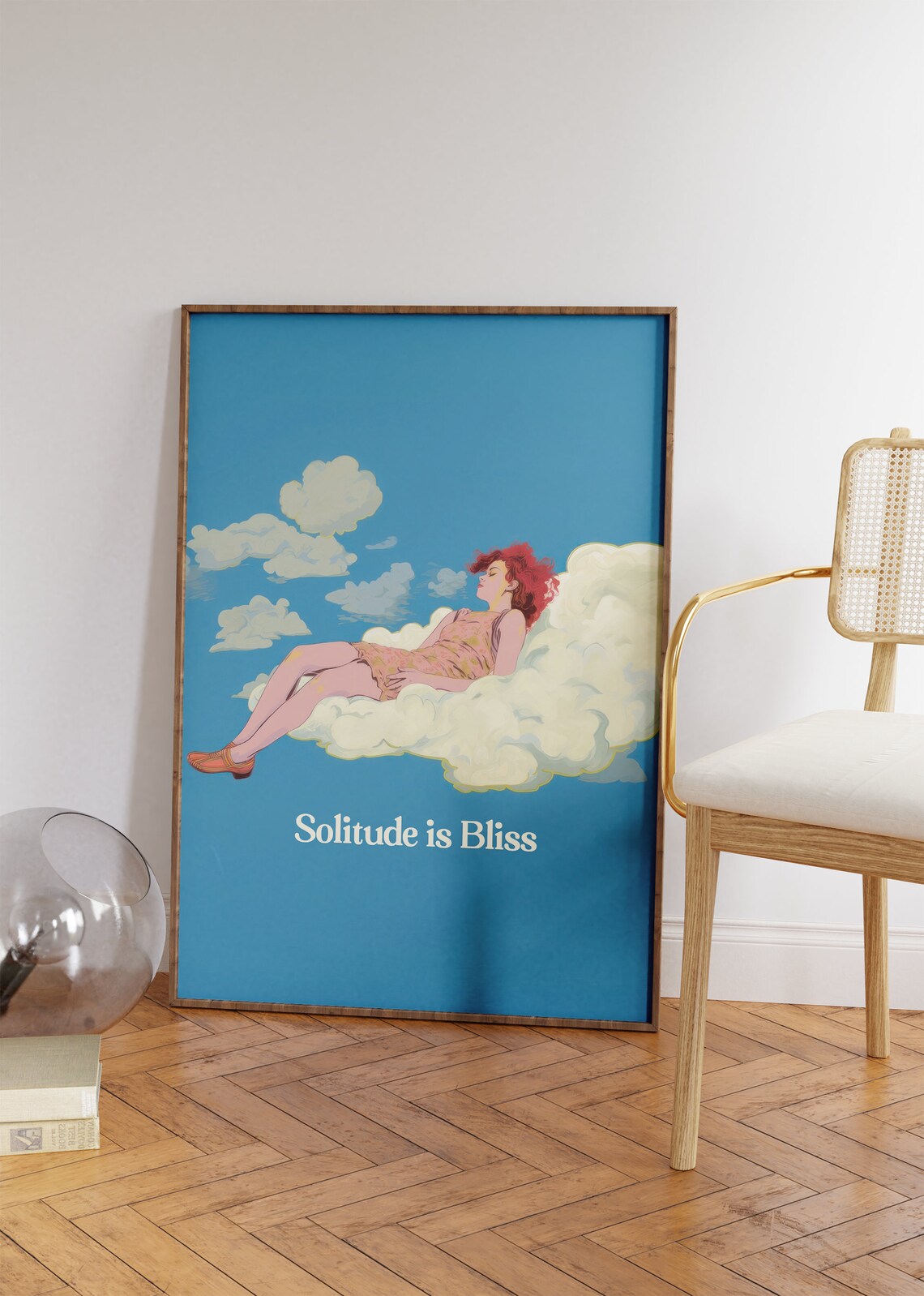 Solitude Is Bliss Retro Cloud Woman Illustration Blue Sky Quote Wall Art Poster - Image 2