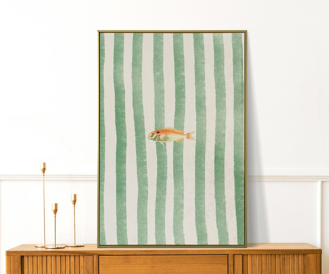 Lone Fish Retro Illustration Green Striped Coastal Kitchen Wall Print - Image 3