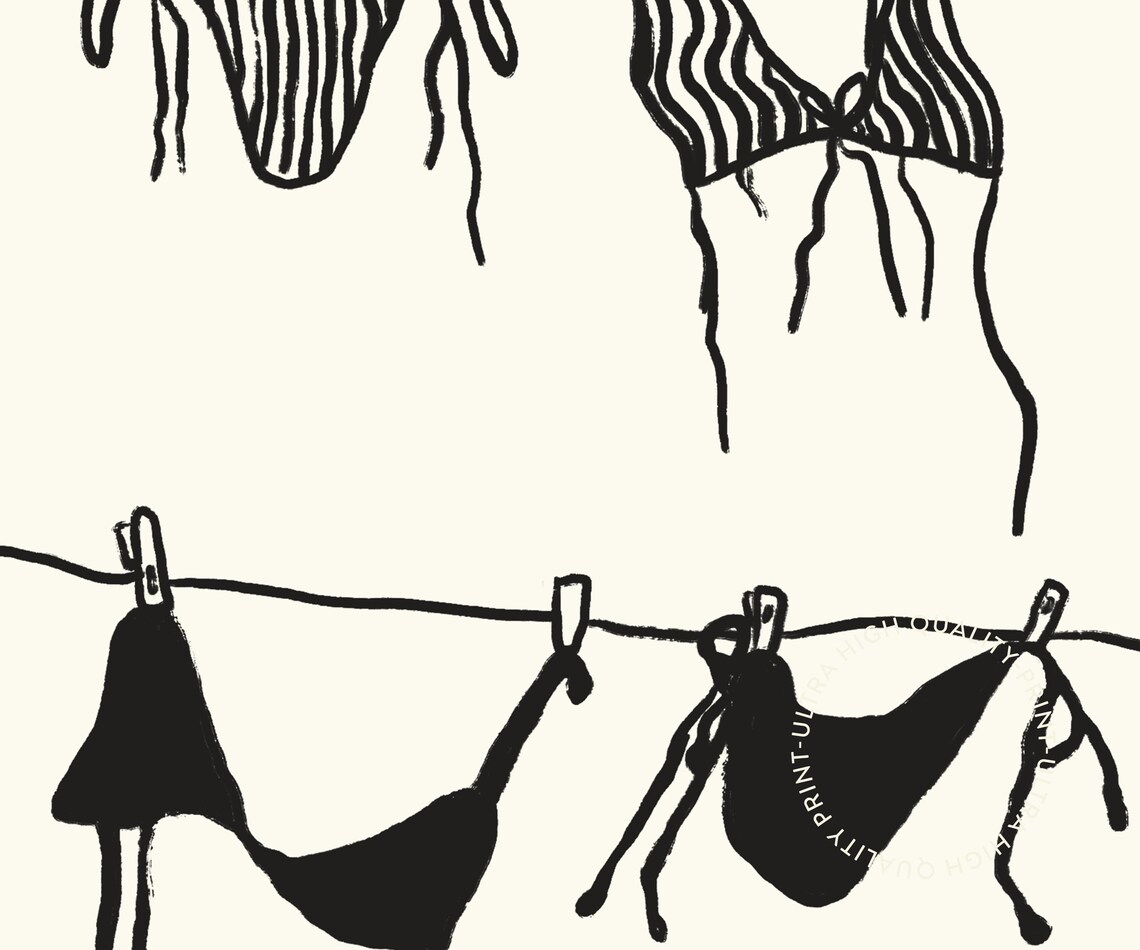 Bikini Clothesline Illustration Black White Minimalist Summer Art Poster - Image 5