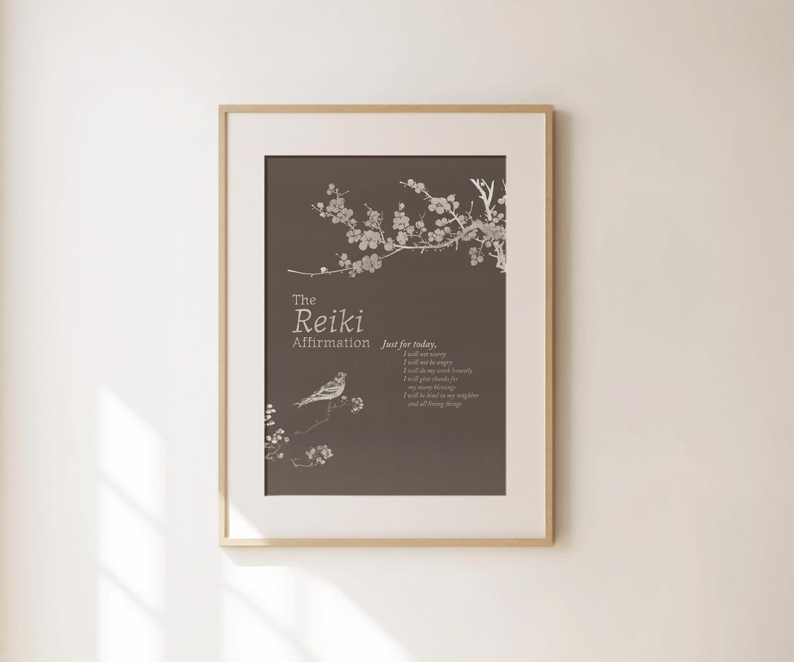 Reiki Affirmation Dark Plum Blossom Bird Zen Wellness Quote Poster - Image 2