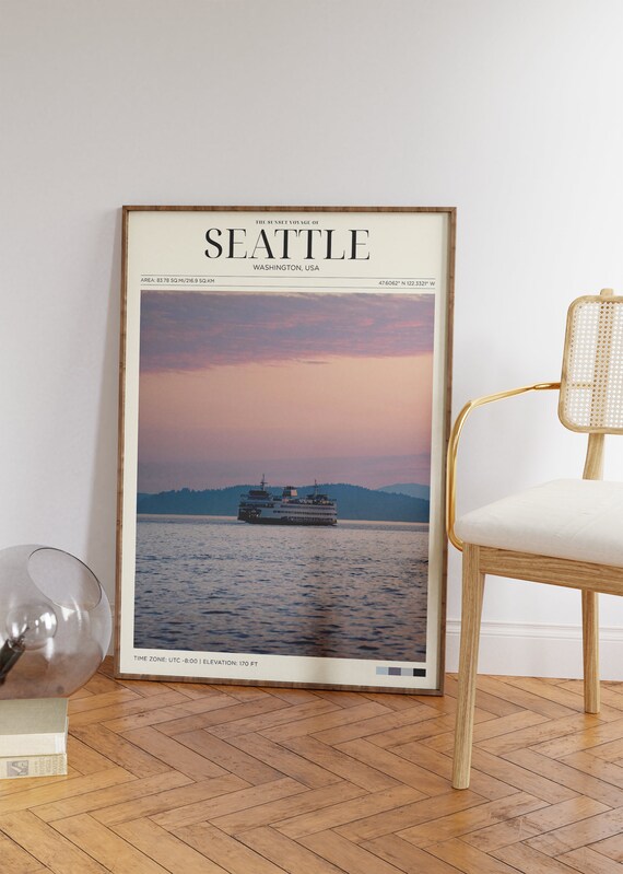 Seattle Sunset Ferry Voyage Washington Water Vintage Travel Poster Wall Art
