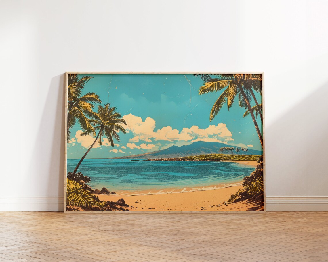 Retro Tropical Beach Bay Palms Turquoise Water Vintage Coastal Art Poster - Image 5