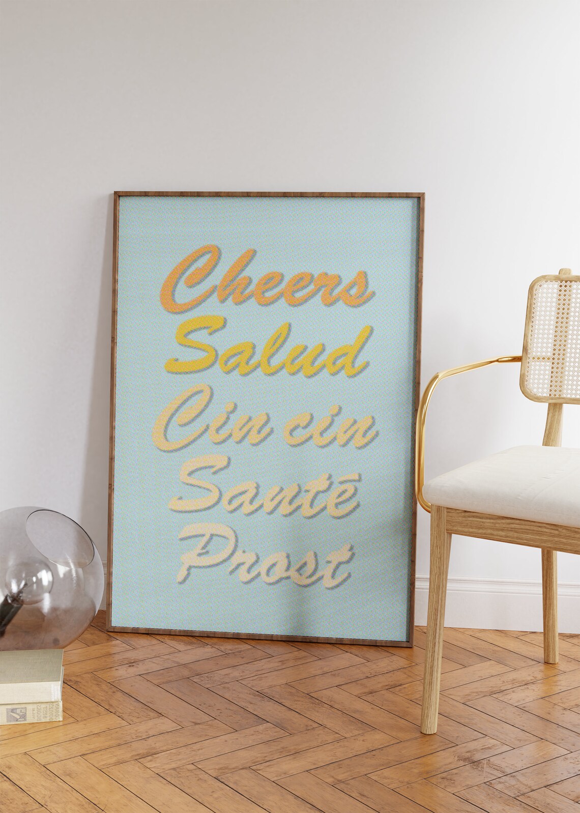 Cheers Salud Cin Cin Sante Prost Multilingual Typography Blue Wall Poster