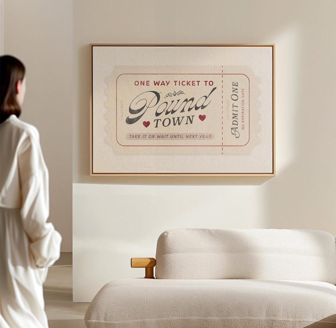 One Way Ticket To Pound Town Cream Red Retro Ticket Funny Love Poster - Image 4