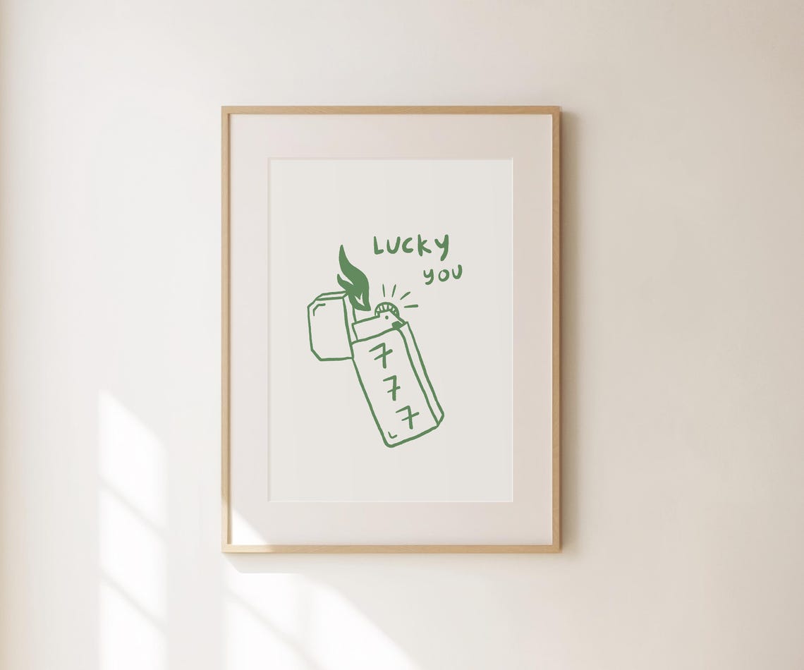 Lucky You 777 Angel Number Lighter Doodle Green Wall Art Print Poster - Image 3