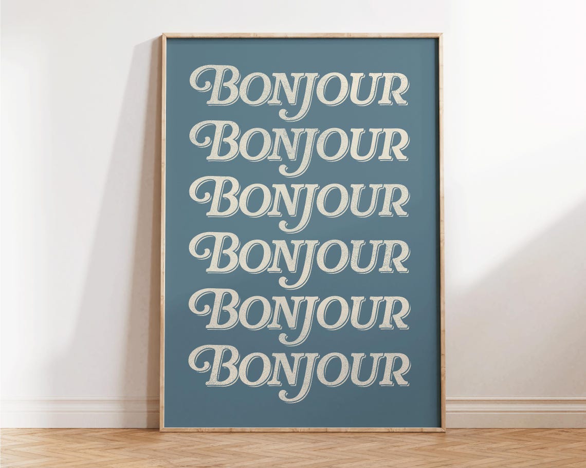 Bonjour French Retro Script Cream Blue Minimalist Typography Poster - Image 4