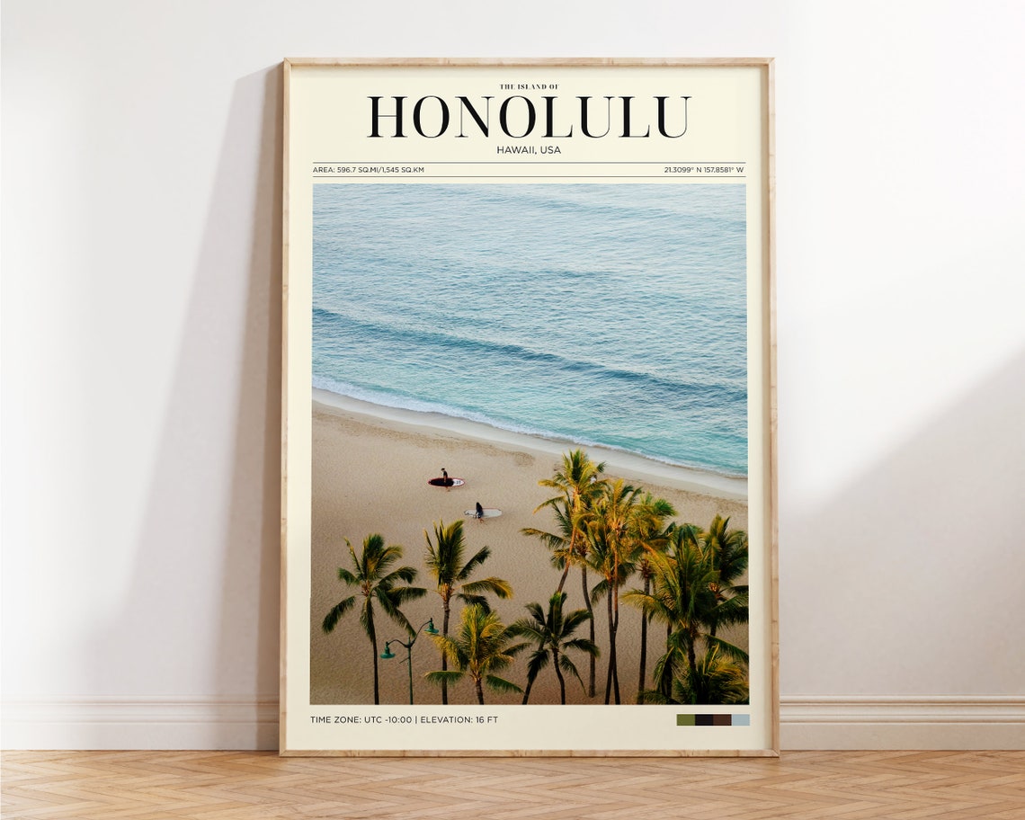 Honolulu Hawaii Palm Beach Surf Aerial View Travel Poster Print - Image 2