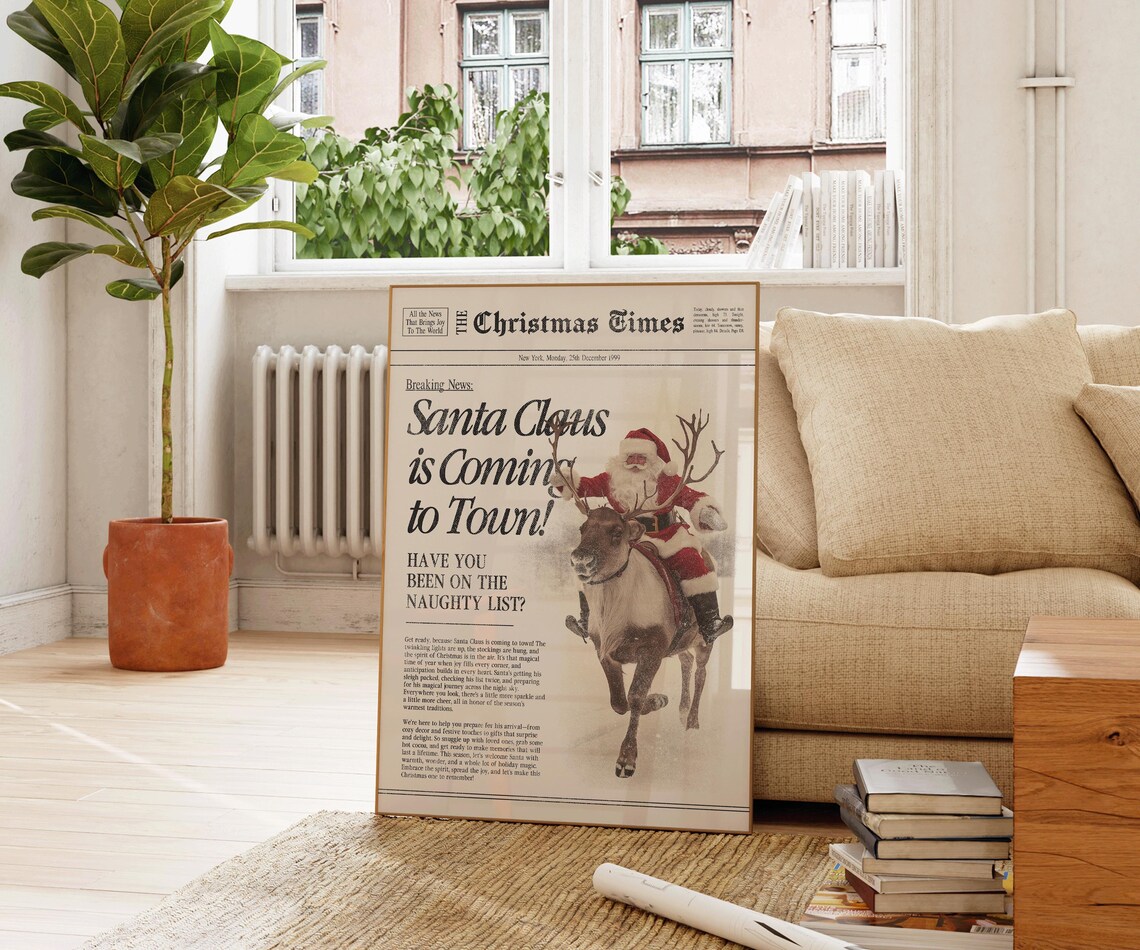 Santa Claus Is Coming To Town Vintage Newspaper Christmas Wall Art - Image 2