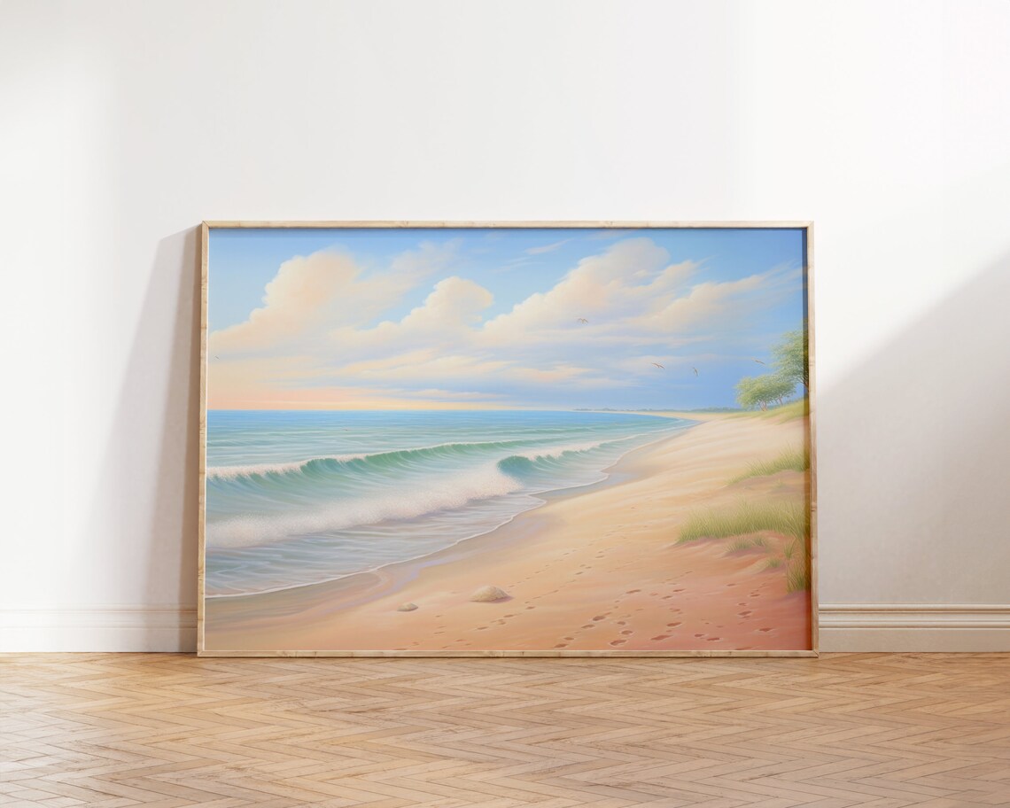 Pastel Beach Waves Sandy Shore Soft Coastal Landscape Calm Wall Art Print - Image 5