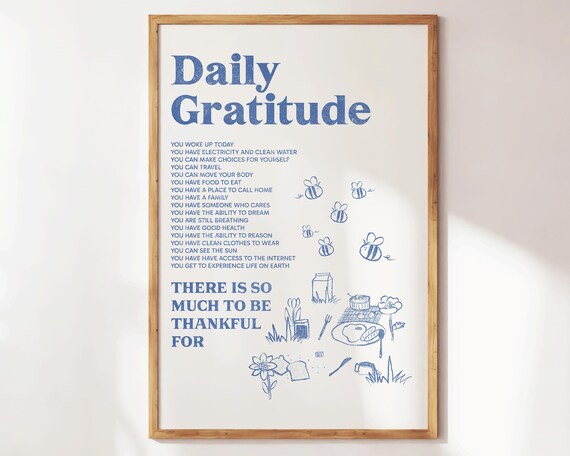 Daily Gratitude Blue Affirmations Illustrated Mindfulness Quote Print