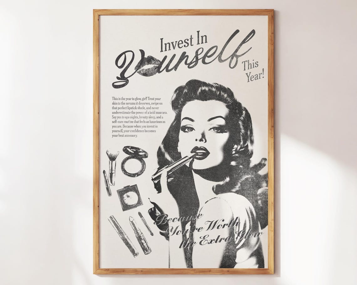 Invest In Yourself Retro Beauty Ad Black White Vintage Glow Poster - Image 2