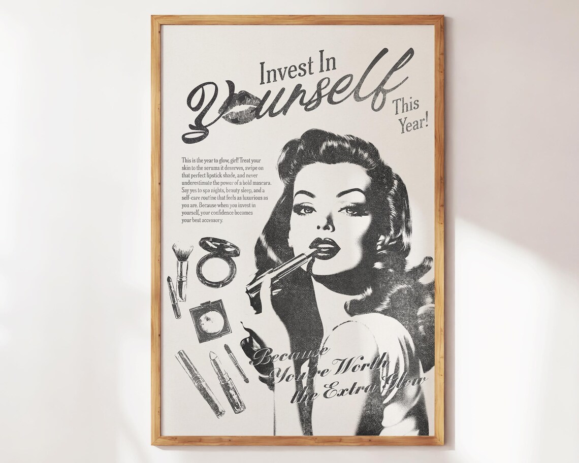 Invest In Yourself Wall Art New Yorker Retro Print Feminist Print Girly Wall Art Trendy Preppy Apartment Decor Feminine Pink Wall Art - Image 2