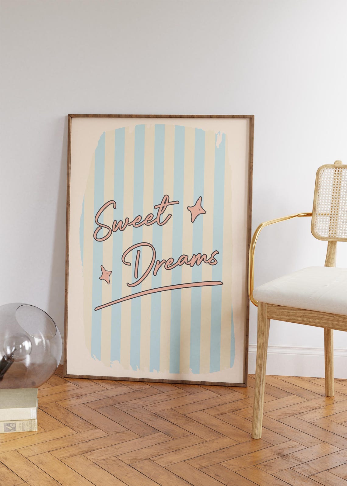 Sweet Dreams Pink Script Blue Striped Retro Bedroom Quote Decor Poster - Image 4