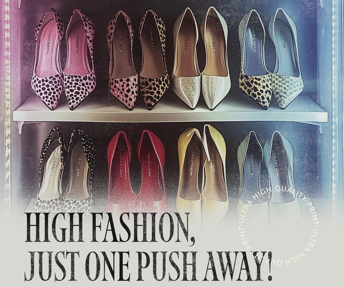 High Fashion Just One Push Away Pink Black Heels Vintage Shelf Poster - Image 5