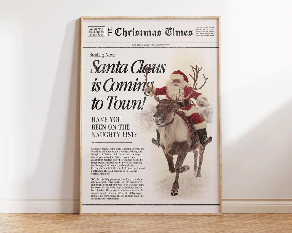 Santa Claus Is Coming To Town Vintage Newspaper Christmas Wall Art - Image 4