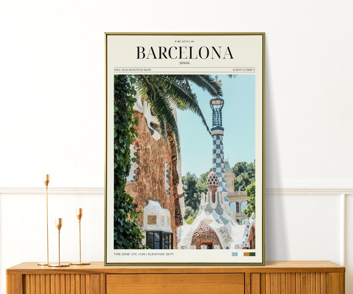 Travel Poster Barcelona Park Guell Poster Barcelona Poster Vintage Spain Poster Nature Landscape Wall Art For Living Room Modern Island - Image 3