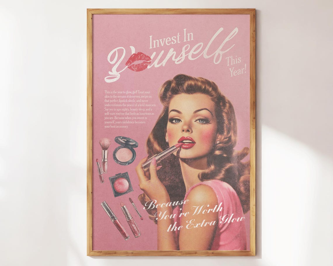 Invest In Yourself Wall Art New Yorker Retro Print Feminist Print Girly Wall Art Trendy Preppy Apartment Decor Feminine Pink Wall Art - Image 3