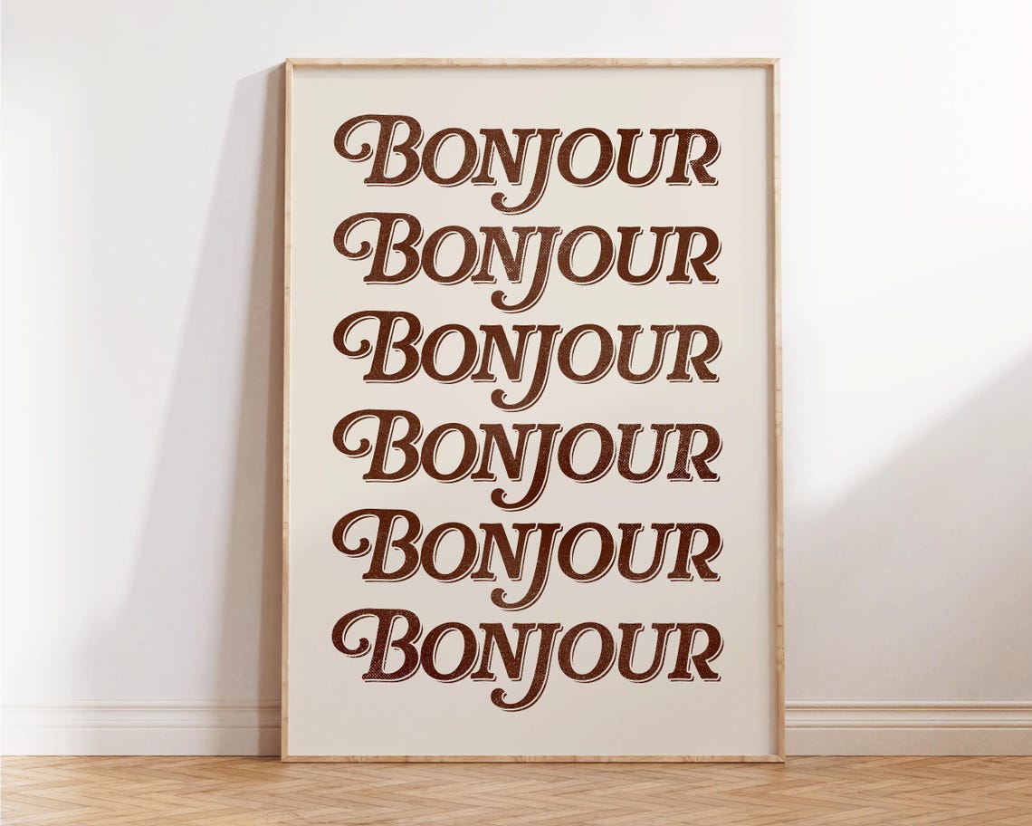 Bonjour French Retro Script Brown Cream Minimalist Typography Print - Image 2